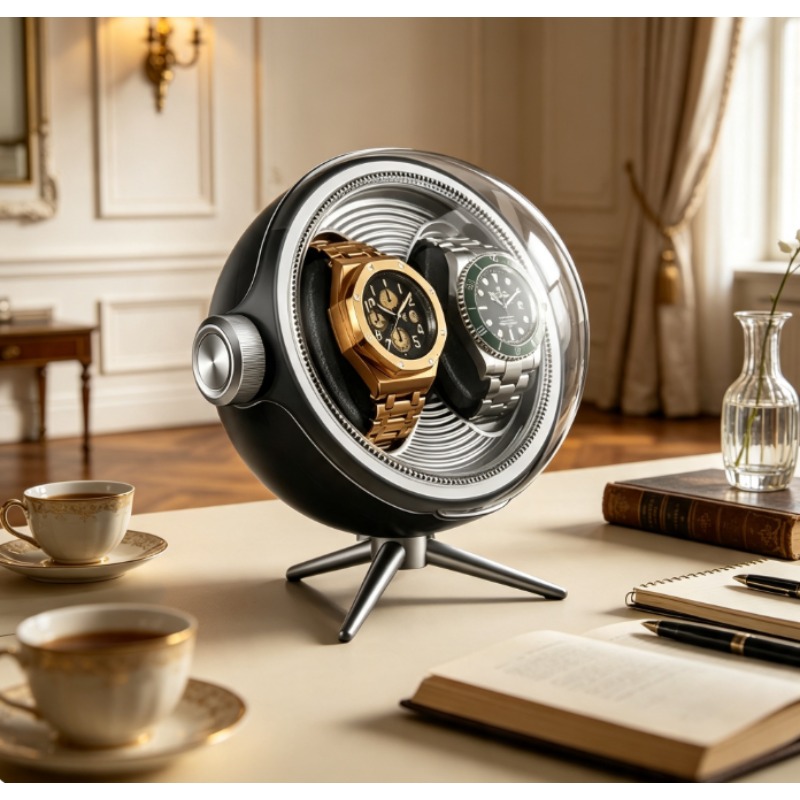 Zero Luxury Watch - กล่องหมุนนาฬิกาอัตโนมัติแบบไม่มีสนามแม่เหล็ก, กล่องหมุนนาฬิกาแบบเงียบพร้อมไฟ LED สำหรับนาฬิกากลไก, สำหรับเก็บไว้ข้างเตียงและเป็นของขวัญสุดหรู