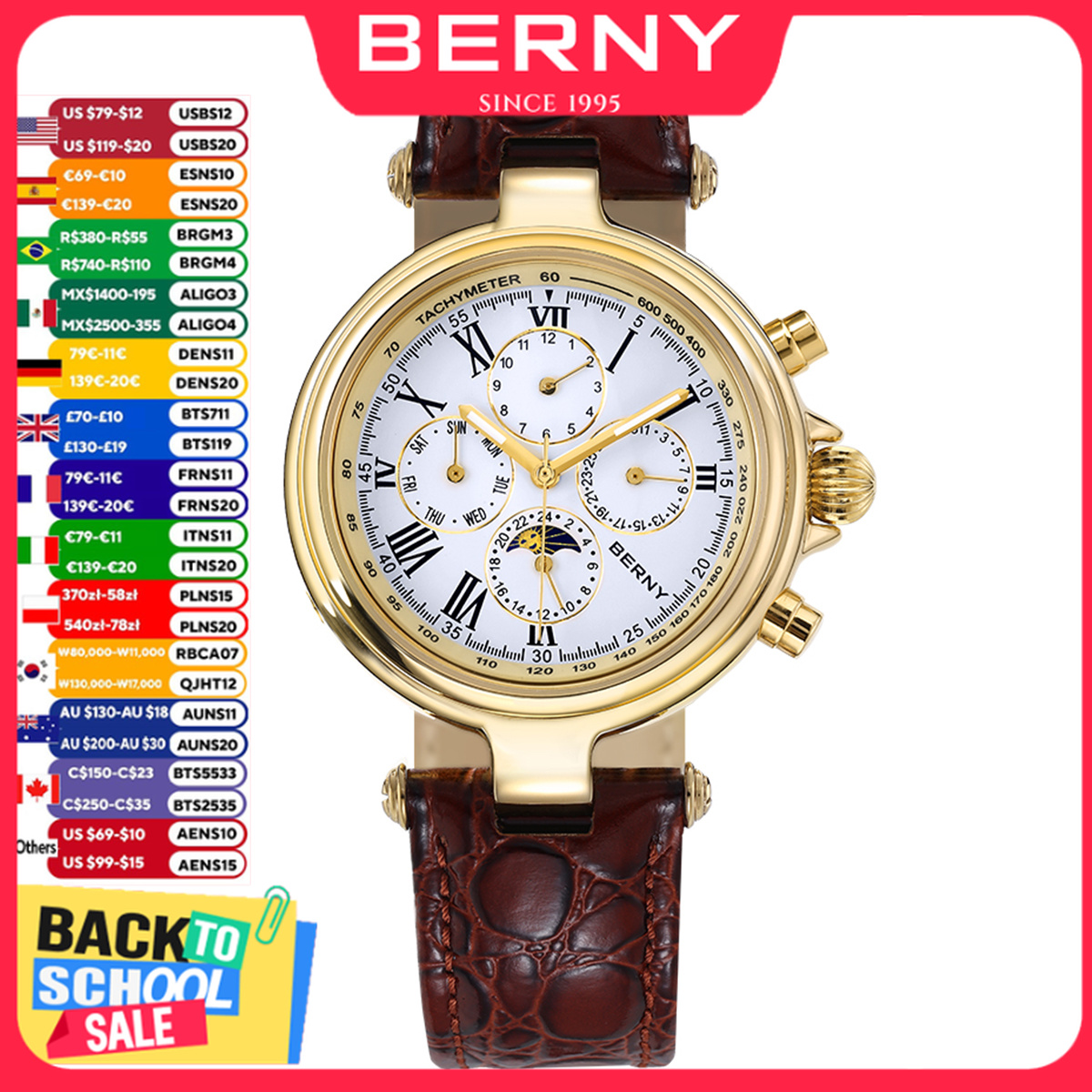 Luxury Watch On Sale - BERNY นาฬิกาข้อมือผู้ชายอัตโนมัติสไตล์เรโทร ระบบแสดงข้างขึ้นข้างแรม เรืองแสง รุ่น ST1652
