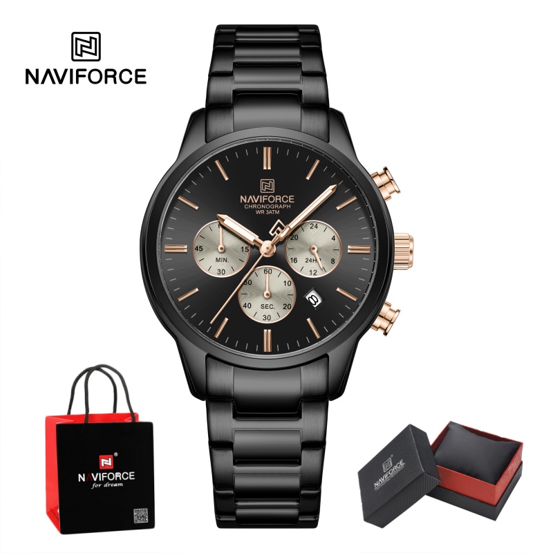 Luxury Watch Gift Box - นาฬิกาข้อมือผู้ชาย NAVIFORCE ระบบควอตซ์โครโนกราฟ กันน้ำ แสดงวันที่ สายเหล็ก