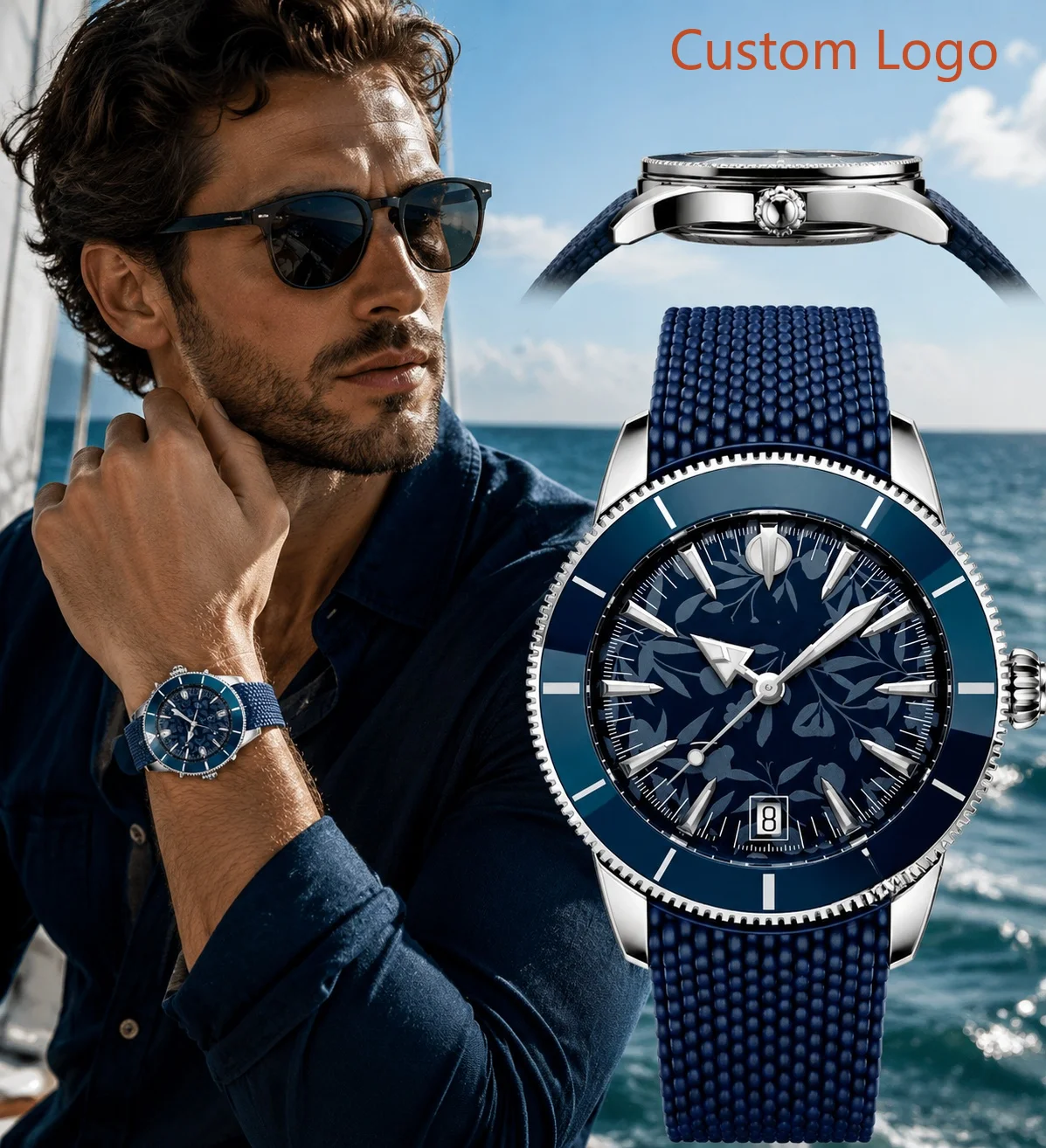 Luxury Watch Unique - นาฬิกาดำน้ำอัตโนมัติสำหรับผู้ชาย ขนาด 46 มม. ขอบเซรามิกสีน้ำเงินหมุนได้ หน้าปัดลายดอกไม้สุดพิเศษ