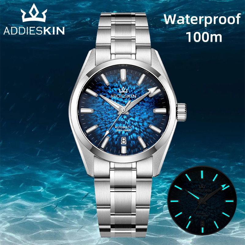 Exhibition Movement Display - นาฬิกาข้อมือผู้ชาย AddiesKin K003 ระบบจักรกล หน้าปัดไล่เฉดสีลายคลื่น 9015