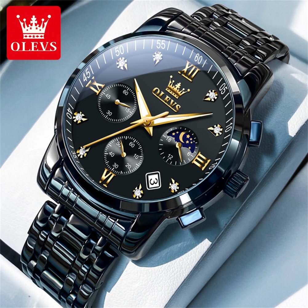 Luxury Watch Collection - OLEVS นาฬิกาผู้ชายยอดนิยมสแตนเลสสีดำมูนเฟสโครโนกราฟนาฬิกาควอทซ์สำหรับผู้ชายวันที่นาฬิกาข้อมือแบรนด์เดิม