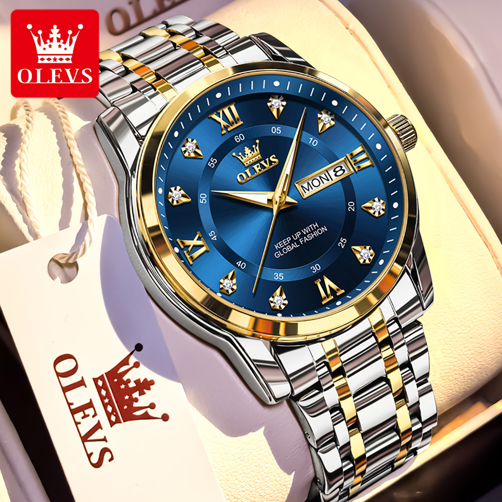 Luxury Watch Collection - OLEVS แบรนด์นาฬิกาแฟชั่นผู้ชายสแตนเลสกันน้ำนาฬิกาข้อมือควอตซ์ส่องสว่างนาฬิกาต้นฉบับสำหรับผู้ชายปฏิทินคู่