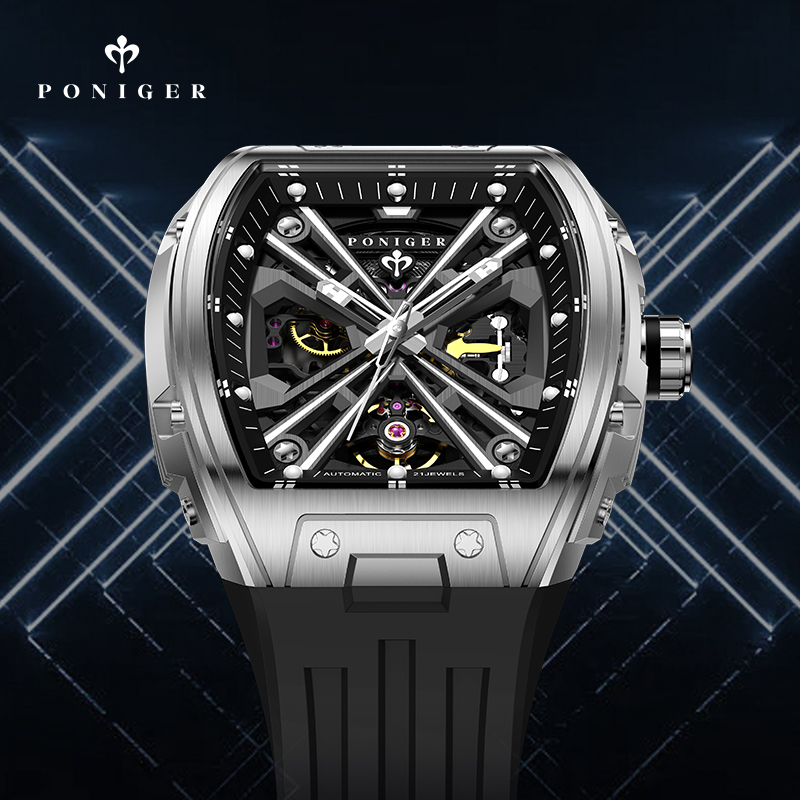 PONIGER หรูหรานาฬิกาผู้ชายอัตโ - Luxury Watch On Rubber Strap บทวิจารณ์และราคา